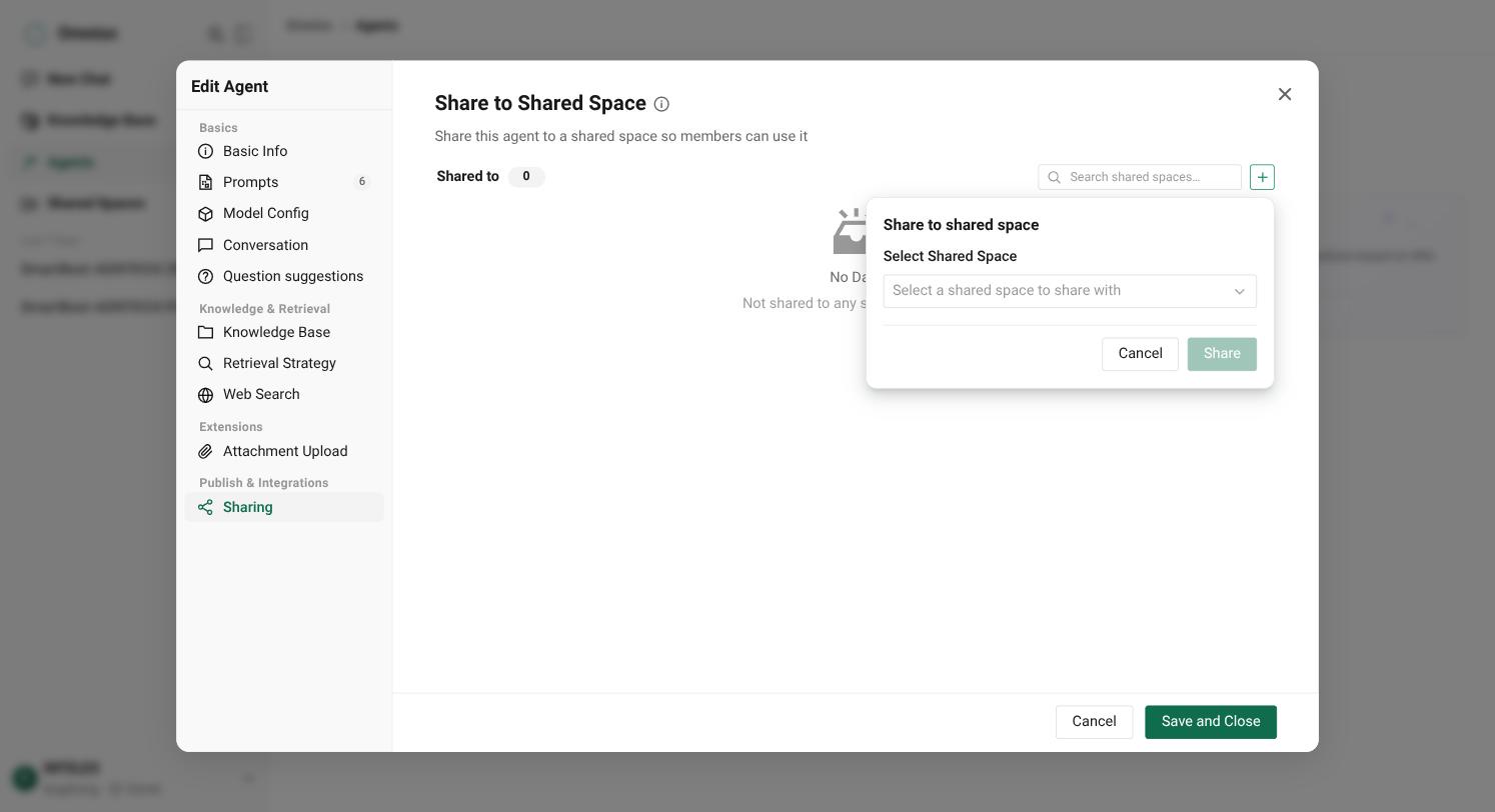 Hộp thoại chia sẻ agent - chỉ có ô chọn space