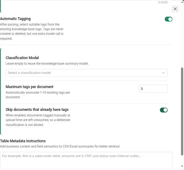 Tab Advanced Settings — Automatic Tagging và Table Metadata Instructions