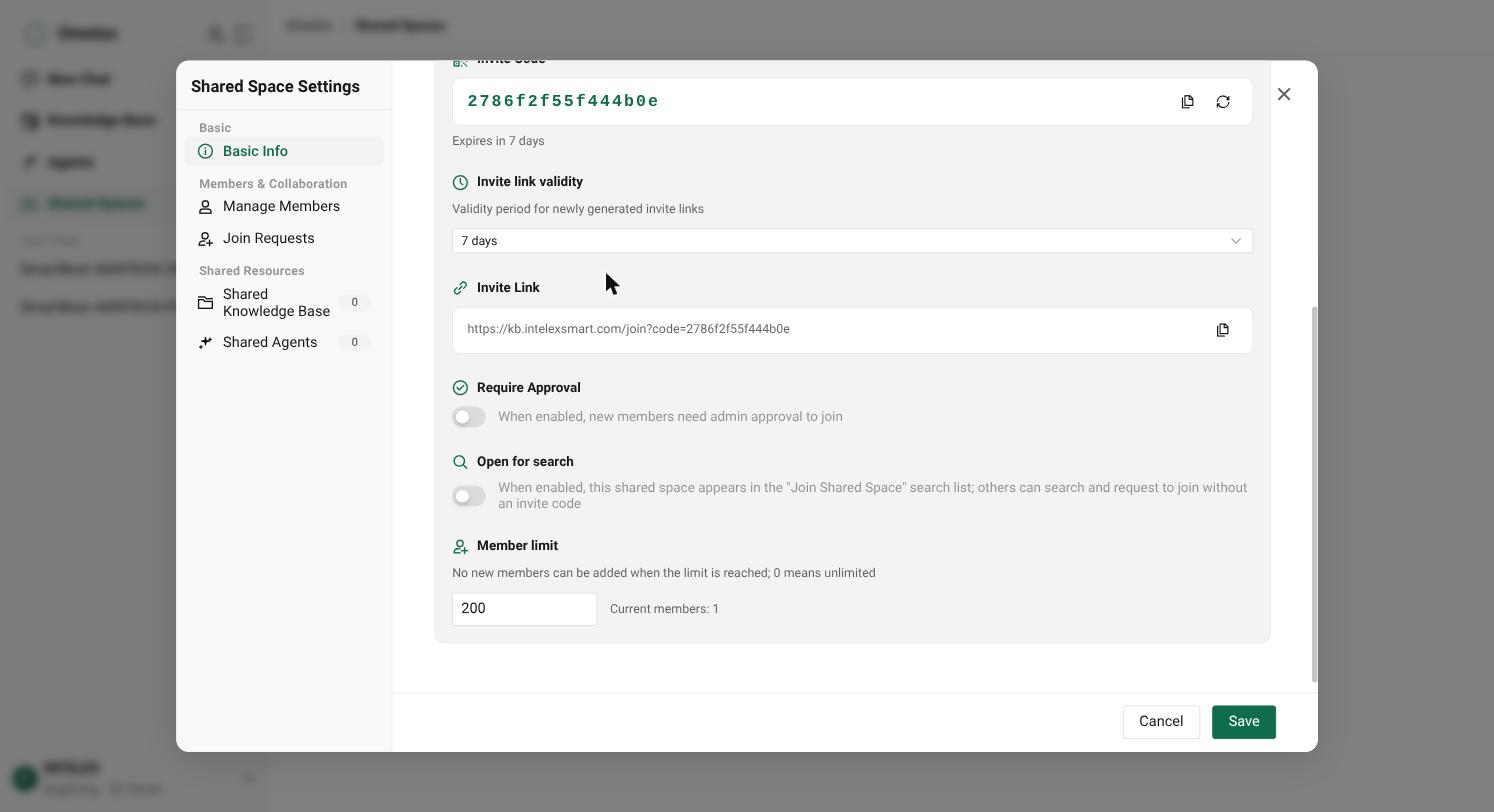 Link mời, Require Approval, Open for search và Member limit